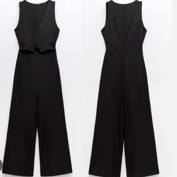 NWT  Zara Black Viscose Jacquard Halter Vest Jumpsuit  V-neckline Bloggers Fave - Picture 7 of 12